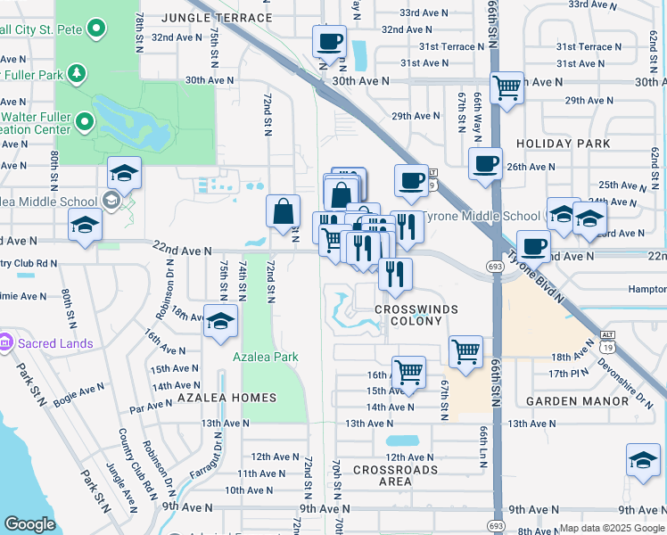 map of restaurants, bars, coffee shops, grocery stores, and more near 6932 Stonesthrow Circle North in St. Petersburg