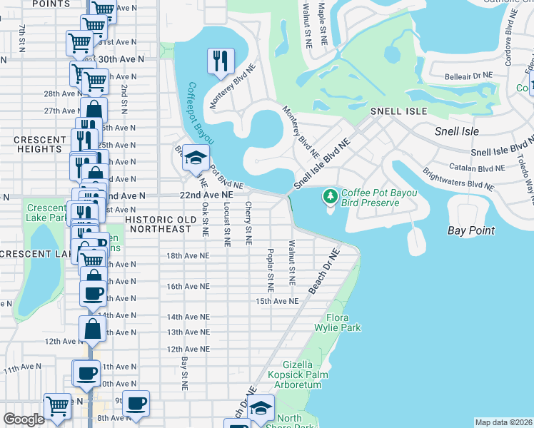 map of restaurants, bars, coffee shops, grocery stores, and more near 556 21st Avenue Northeast in St. Petersburg