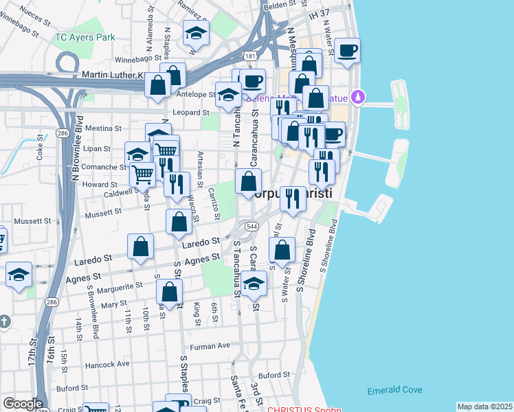 map of restaurants, bars, coffee shops, grocery stores, and more near 718 Kinney Street in Corpus Christi