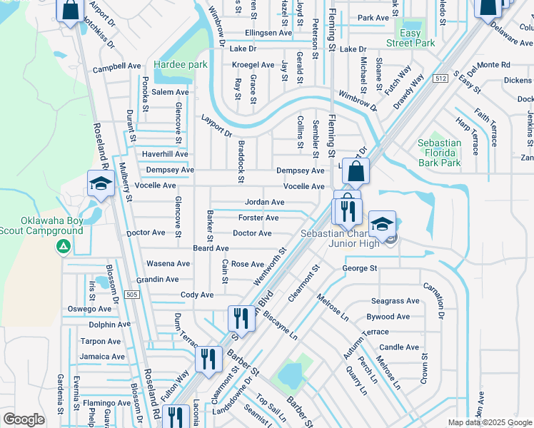 map of restaurants, bars, coffee shops, grocery stores, and more near 741 Smith Street in Sebastian