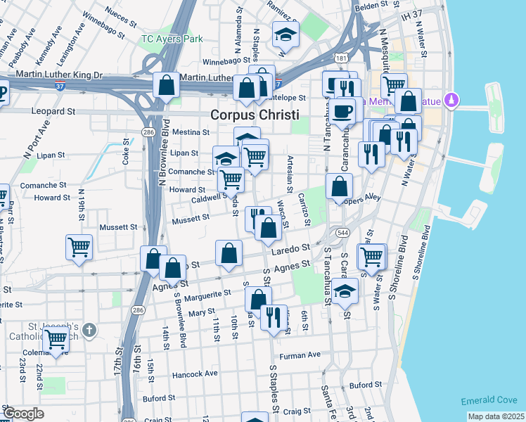 map of restaurants, bars, coffee shops, grocery stores, and more near 110 North Staples Street in Corpus Christi