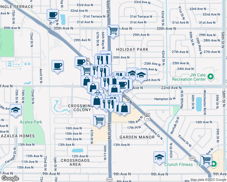map of restaurants, bars, coffee shops, grocery stores, and more near 2201 66th Street North in St. Petersburg