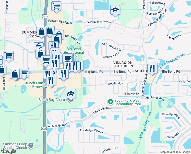map of restaurants, bars, coffee shops, grocery stores, and more near 13248 Wellington Hills Drive in Riverview