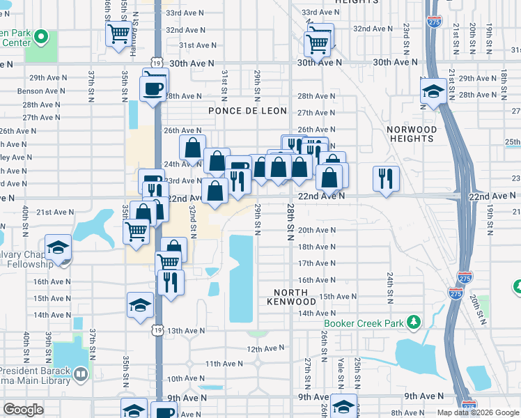 map of restaurants, bars, coffee shops, grocery stores, and more near 2895 21st Avenue North in Saint Petersburg