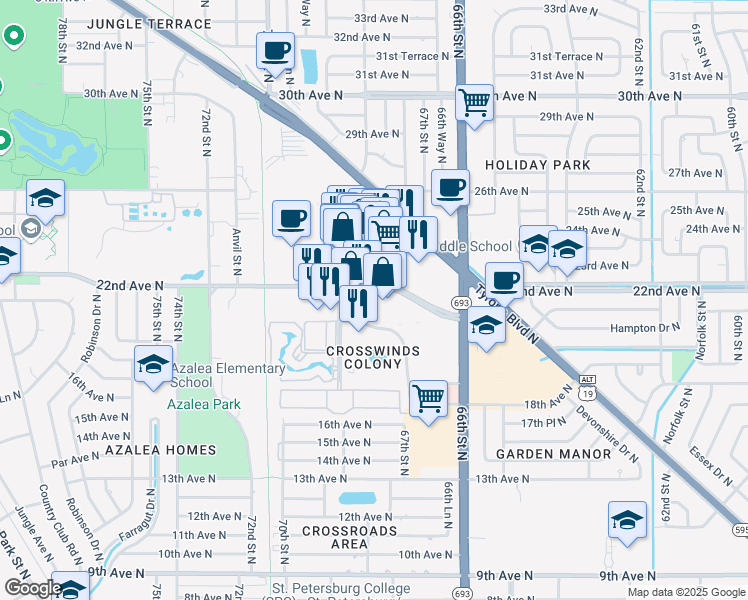 map of restaurants, bars, coffee shops, grocery stores, and more near 6778 22nd Avenue North in St. Petersburg