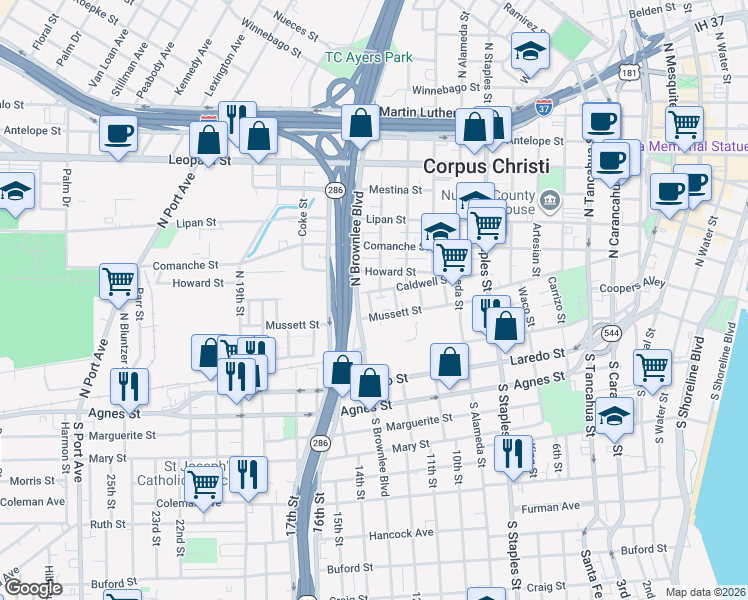 map of restaurants, bars, coffee shops, grocery stores, and more near 1625 Howard Street in Corpus Christi