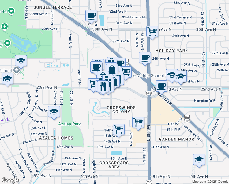 map of restaurants, bars, coffee shops, grocery stores, and more near 6778 22nd Avenue North in St. Petersburg