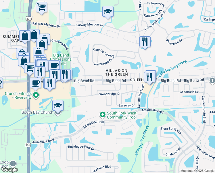map of restaurants, bars, coffee shops, grocery stores, and more near 11008 Whitecap Drive in Riverview
