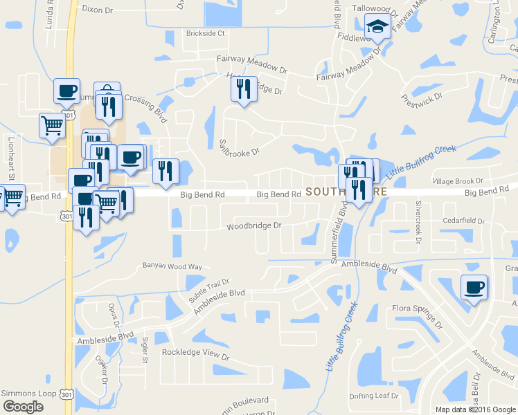 map of restaurants, bars, coffee shops, grocery stores, and more near 11008 Whitecap Drive in Riverview