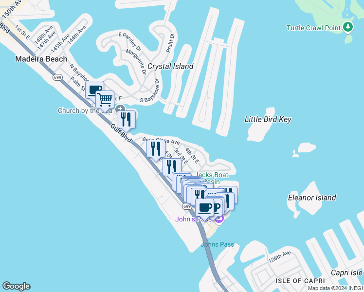 map of restaurants, bars, coffee shops, grocery stores, and more near 13309 Boca Ciega Avenue in Madeira Beach