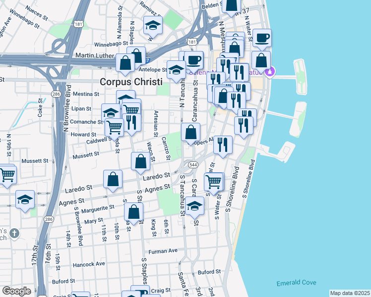 map of restaurants, bars, coffee shops, grocery stores, and more near 317 North Carancahua Street in Corpus Christi