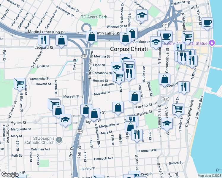 map of restaurants, bars, coffee shops, grocery stores, and more near 1413 Caldwell Street in Corpus Christi