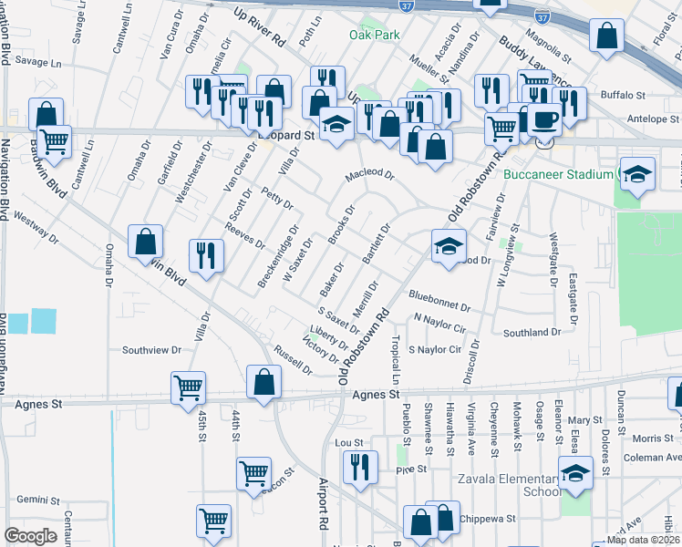 map of restaurants, bars, coffee shops, grocery stores, and more near 361 Baker Drive in Corpus Christi