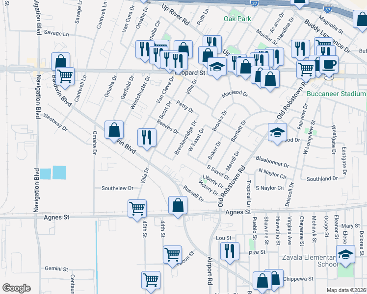 map of restaurants, bars, coffee shops, grocery stores, and more near 502 Reeves Drive in Corpus Christi