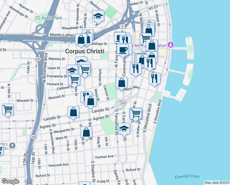 map of restaurants, bars, coffee shops, grocery stores, and more near 209 South Tancahua Street in Corpus Christi