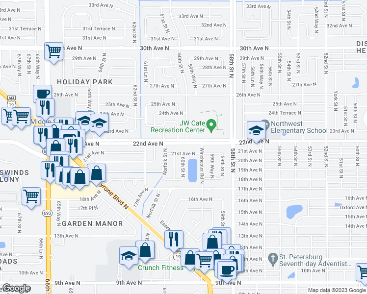 map of restaurants, bars, coffee shops, grocery stores, and more near 6062 22nd Avenue North in Saint Petersburg