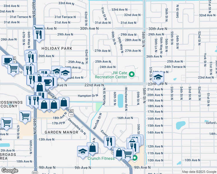 map of restaurants, bars, coffee shops, grocery stores, and more near 6080 22nd Avenue North in Saint Petersburg