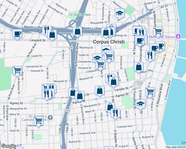 map of restaurants, bars, coffee shops, grocery stores, and more near 1413 Caldwell Street in Corpus Christi