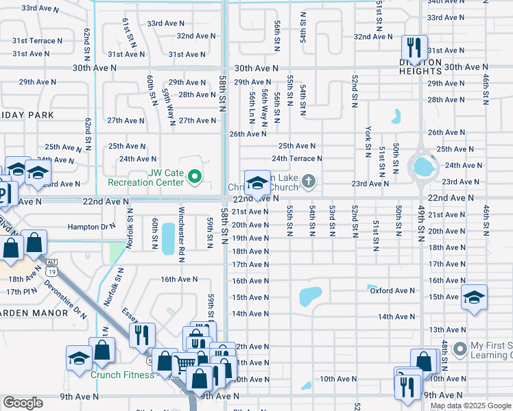 map of restaurants, bars, coffee shops, grocery stores, and more near 5541 22nd Avenue North in St. Petersburg
