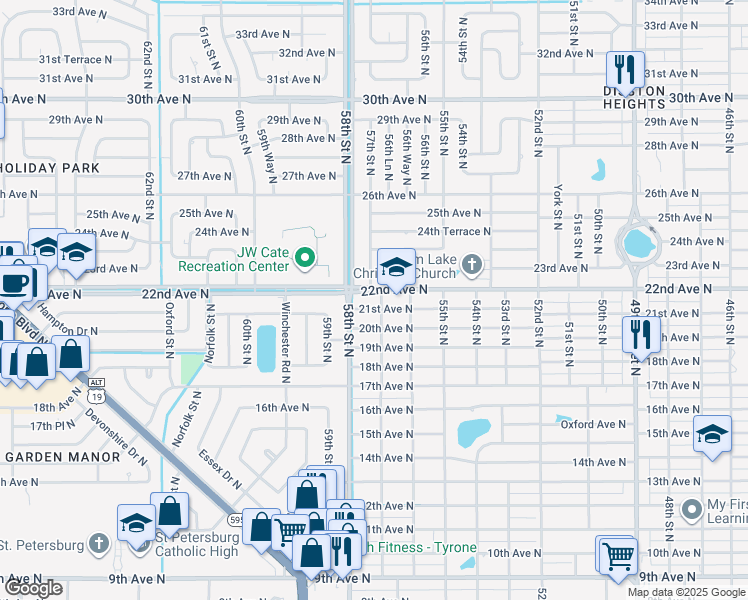 map of restaurants, bars, coffee shops, grocery stores, and more near 2200 57th Street North in St. Petersburg