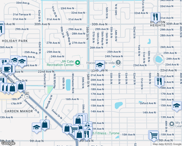 map of restaurants, bars, coffee shops, grocery stores, and more near 2200 57th Street North in St. Petersburg