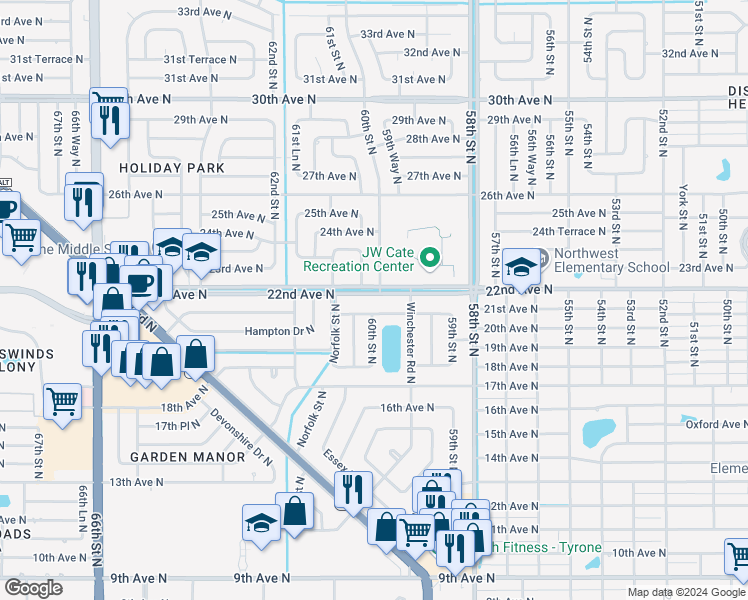 map of restaurants, bars, coffee shops, grocery stores, and more near 6026B 22nd Avenue North in St. Petersburg