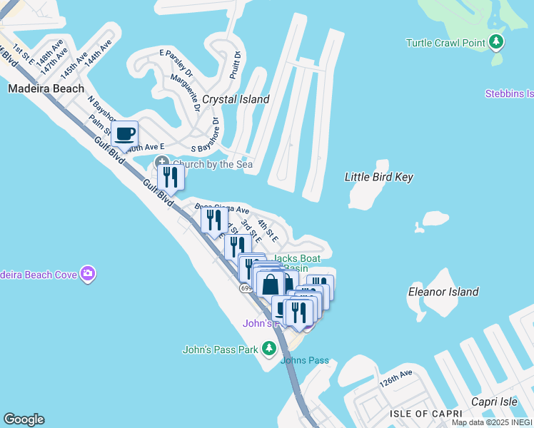 map of restaurants, bars, coffee shops, grocery stores, and more near 13209 Boca Ciega Avenue in Madeira Beach