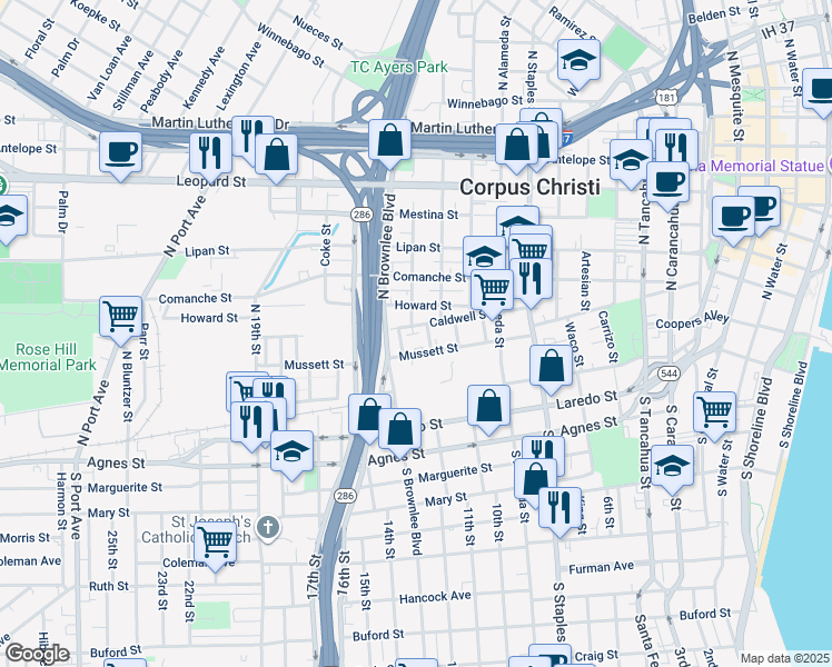 map of restaurants, bars, coffee shops, grocery stores, and more near 1509 Howard Street in Corpus Christi