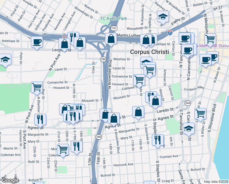 map of restaurants, bars, coffee shops, grocery stores, and more near 1625 Howard Street in Corpus Christi