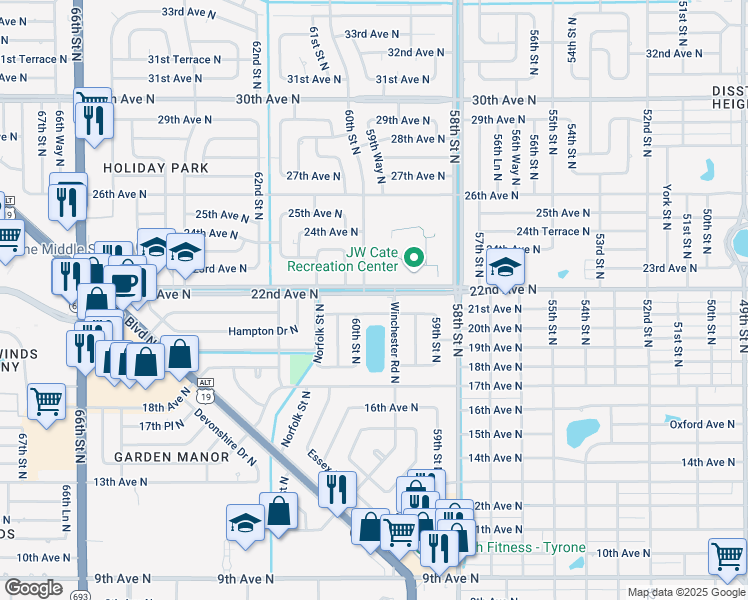map of restaurants, bars, coffee shops, grocery stores, and more near 6026B 22nd Avenue North in St. Petersburg