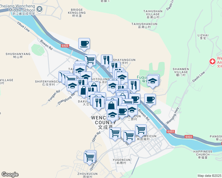 map of restaurants, bars, coffee shops, grocery stores, and more near Bowen Road in Wenzhou