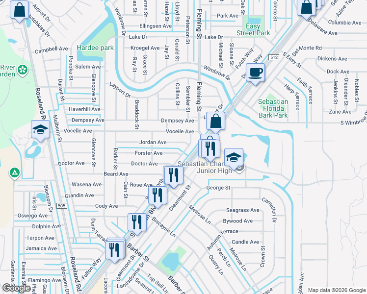 map of restaurants, bars, coffee shops, grocery stores, and more near 666 Jordan Avenue in Sebastian