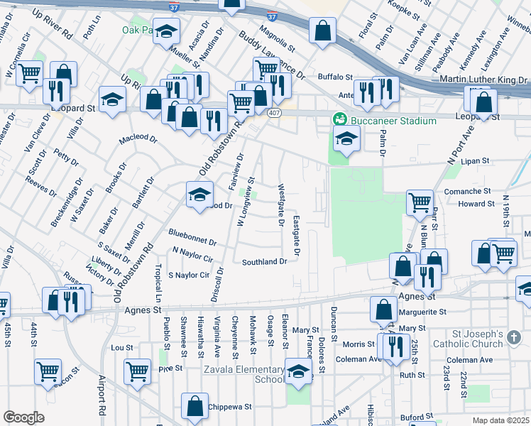 map of restaurants, bars, coffee shops, grocery stores, and more near 3418 Kenwood Drive in Corpus Christi