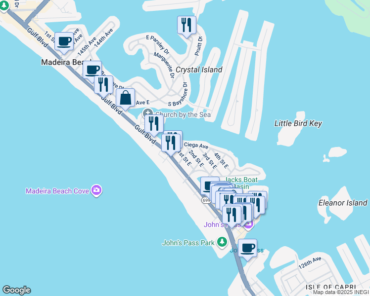 map of restaurants, bars, coffee shops, grocery stores, and more near 13416 2nd Street East in Madeira Beach