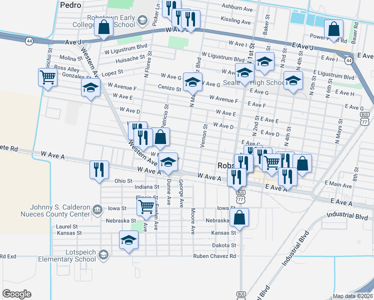 map of restaurants, bars, coffee shops, grocery stores, and more near 315 West Avenue B in Robstown