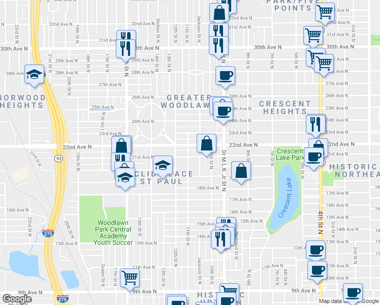 map of restaurants, bars, coffee shops, grocery stores, and more near 1112 22nd Avenue North in St. Petersburg