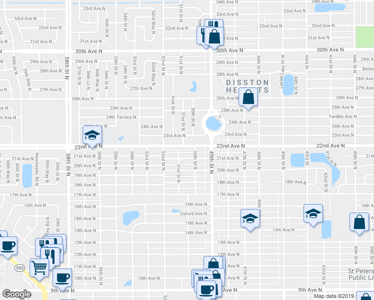 map of restaurants, bars, coffee shops, grocery stores, and more near 2200 51st Street North in St. Petersburg