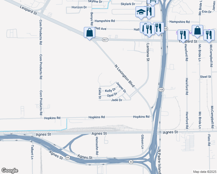 map of restaurants, bars, coffee shops, grocery stores, and more near 158 Jasper Drive in Corpus Christi