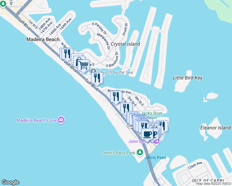 map of restaurants, bars, coffee shops, grocery stores, and more near 13416 2nd Street East in Madeira Beach