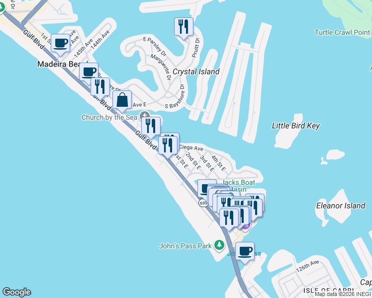 map of restaurants, bars, coffee shops, grocery stores, and more near 13405 Boca Ciega Avenue in Madeira Beach