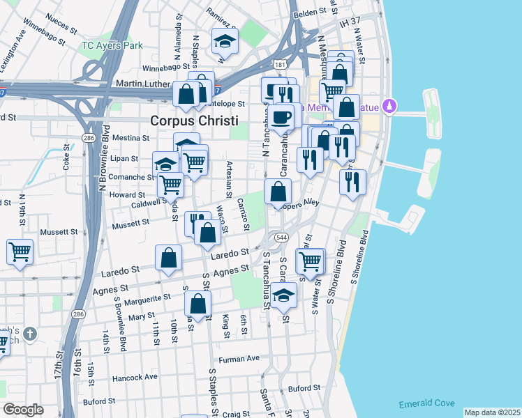 map of restaurants, bars, coffee shops, grocery stores, and more near 209 South Tancahua Street in Corpus Christi