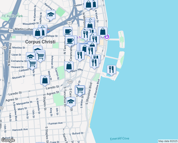 map of restaurants, bars, coffee shops, grocery stores, and more near 2 South Water Street in Corpus Christi