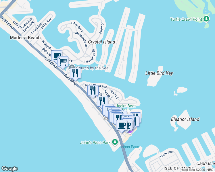 map of restaurants, bars, coffee shops, grocery stores, and more near 13309 Boca Ciega Avenue in Madeira Beach