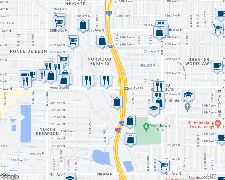 map of restaurants, bars, coffee shops, grocery stores, and more near 2135 22nd Avenue North in St. Petersburg