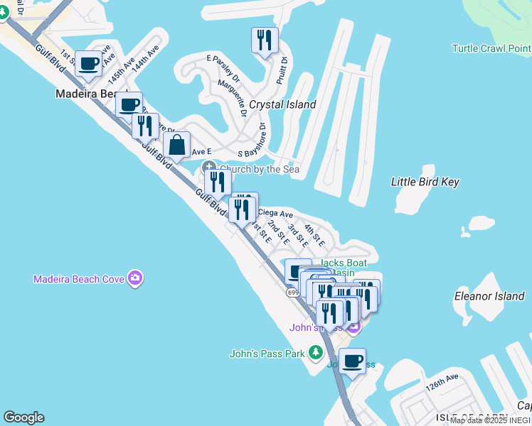 map of restaurants, bars, coffee shops, grocery stores, and more near 13405 Boca Ciega Avenue in Madeira Beach