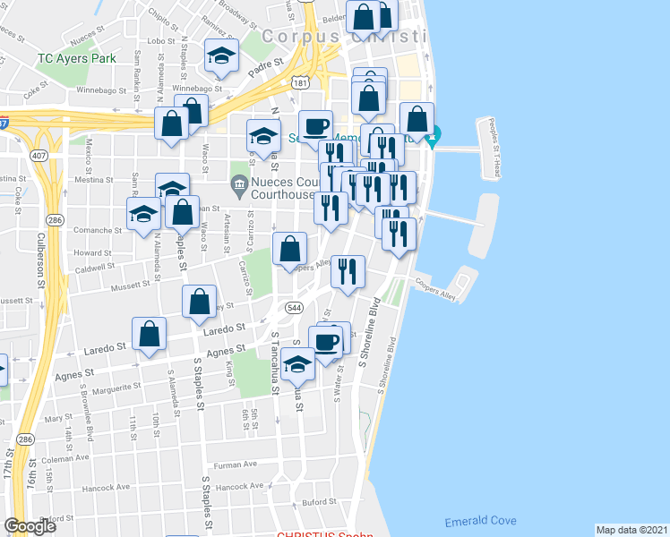 map of restaurants, bars, coffee shops, grocery stores, and more near 106 North Chaparral Street in Corpus Christi
