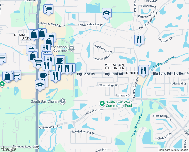 map of restaurants, bars, coffee shops, grocery stores, and more near 10914 Whitecap Drive in Riverview