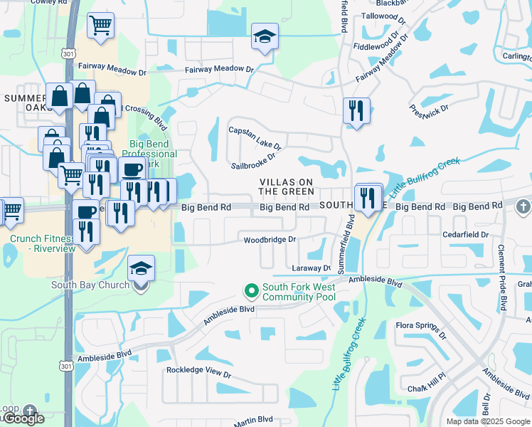 map of restaurants, bars, coffee shops, grocery stores, and more near 11008 Whitecap Drive in Riverview