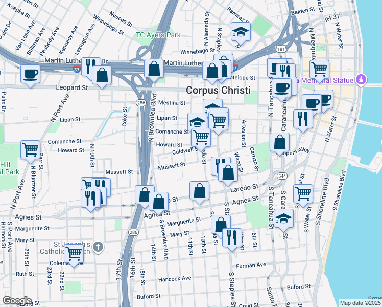 map of restaurants, bars, coffee shops, grocery stores, and more near 1413 Caldwell Street in Corpus Christi