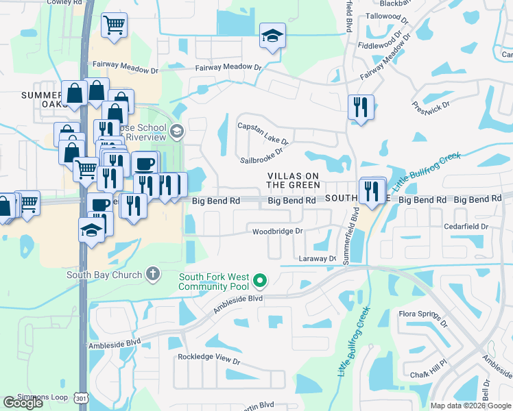 map of restaurants, bars, coffee shops, grocery stores, and more near 10932 Whitecap Drive in Riverview
